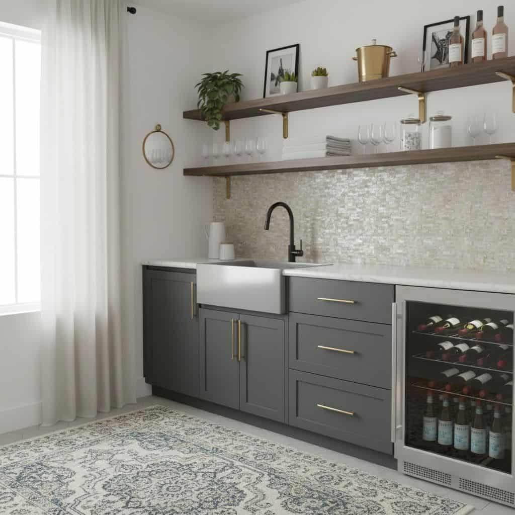 Gray tile backsplash and cabinetry with gold accents, featuring a wine cooler and open shelving.
