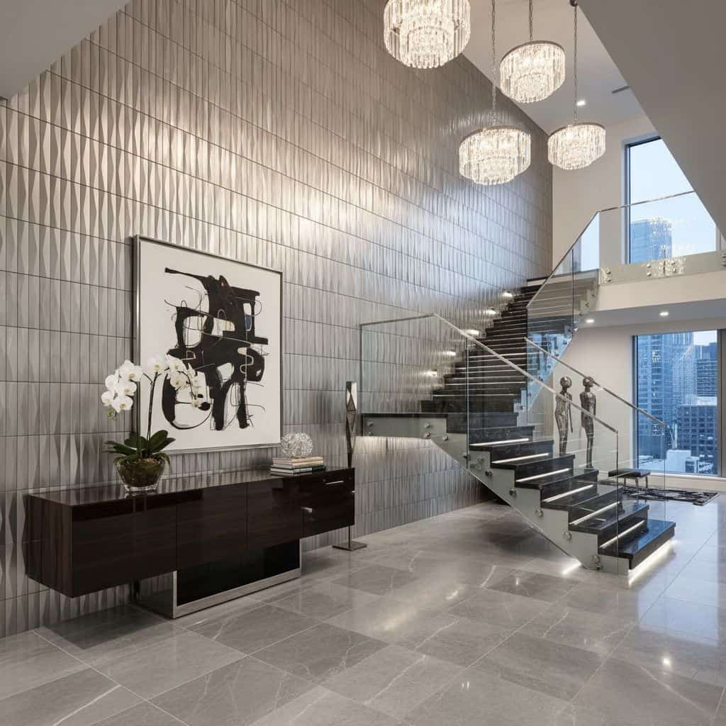 Gray textured ceramic tiles with a matte finish, complementing the contemporary interior design and creating a sophisticated.
