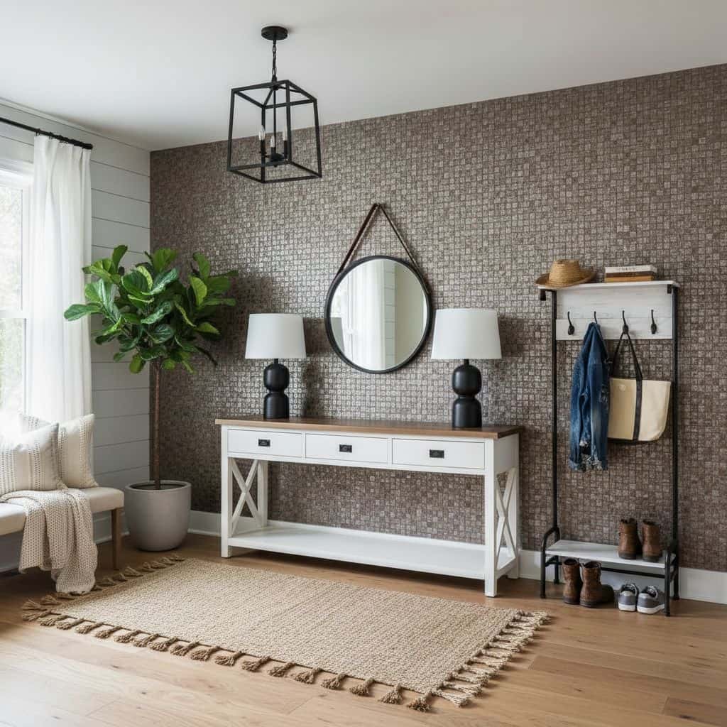 Brown mosaic wall tile with textured surface, used as an accent wall in a modern living room.