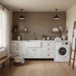 Brown mosaic tile wall with textured surface, white farmhouse-style cabinet, and laundry appliances in a modern, cozy laundry.