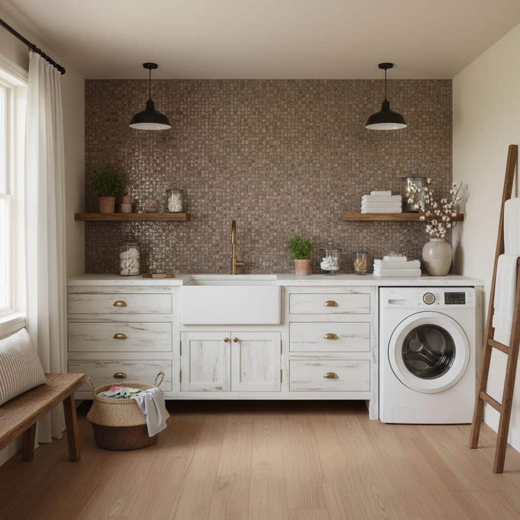 Brown mosaic tile wall with textured surface, white farmhouse-style cabinet, and laundry appliances in a modern, cozy laundry.