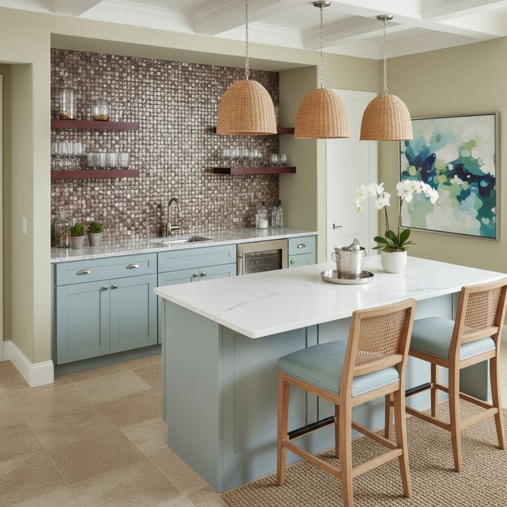 Bright blue cabinetry with mosaic tile backsplash and natural rattan pendant lights.