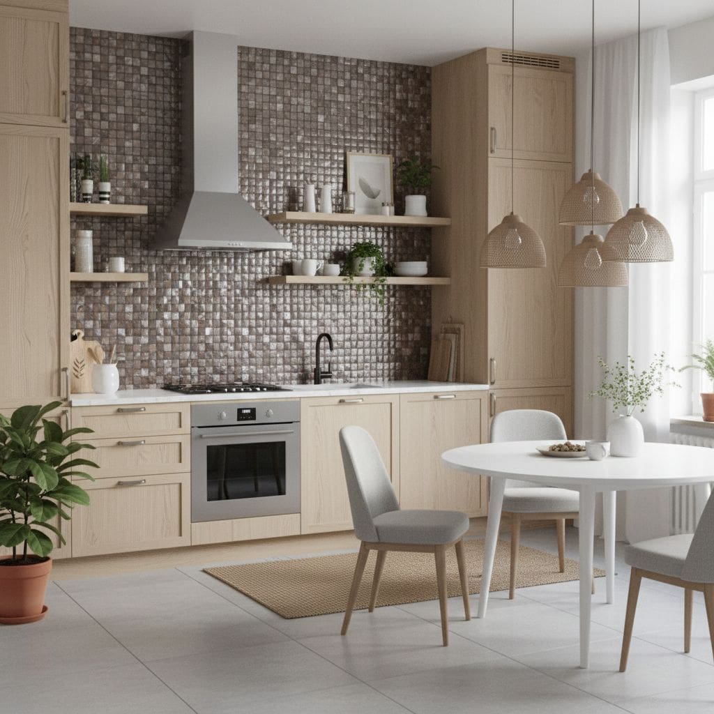 Neutral mosaic tile wall with small, square, textured tiles in shades of beige and taupe, creating a modern and elegant kitch.