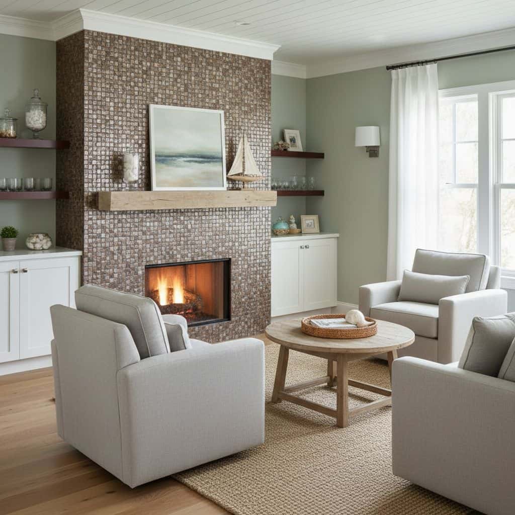 Living room featuring a fireplace with a mosaic tile surround in light gray, textured finish, creating a contemporary and coz.