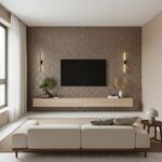 A close-up of a brown textured wall tile behind a mounted flat-screen TV in a contemporary living room.