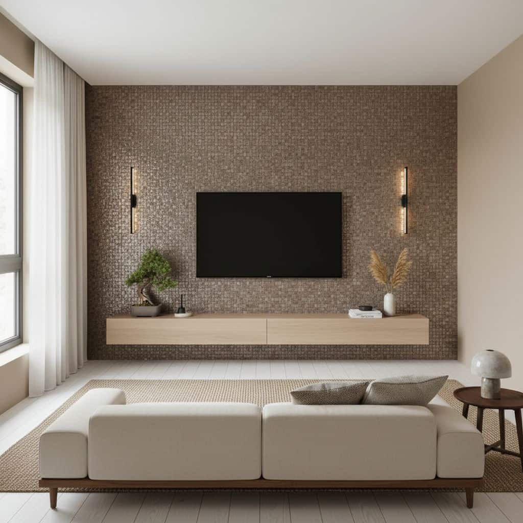 A close-up of a brown textured wall tile behind a mounted flat-screen TV in a contemporary living room.
