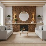 Warm brown brick tile fireplace wall with white shelves and decor accents.