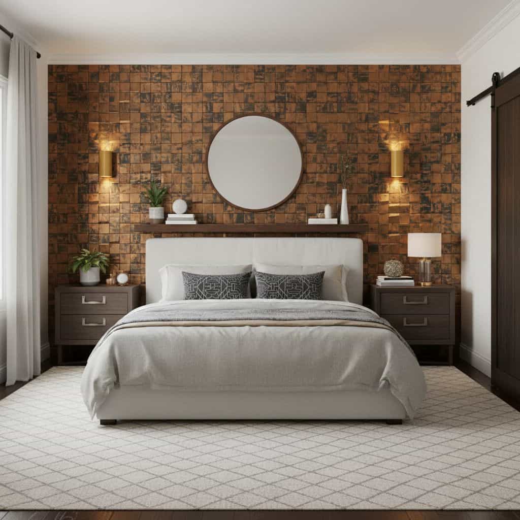 Rustic brick-patterned wall tiles in warm brown tones with textured surface.