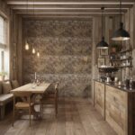 Warm-toned stone tile wall with textured surface and natural wood cabinetry.