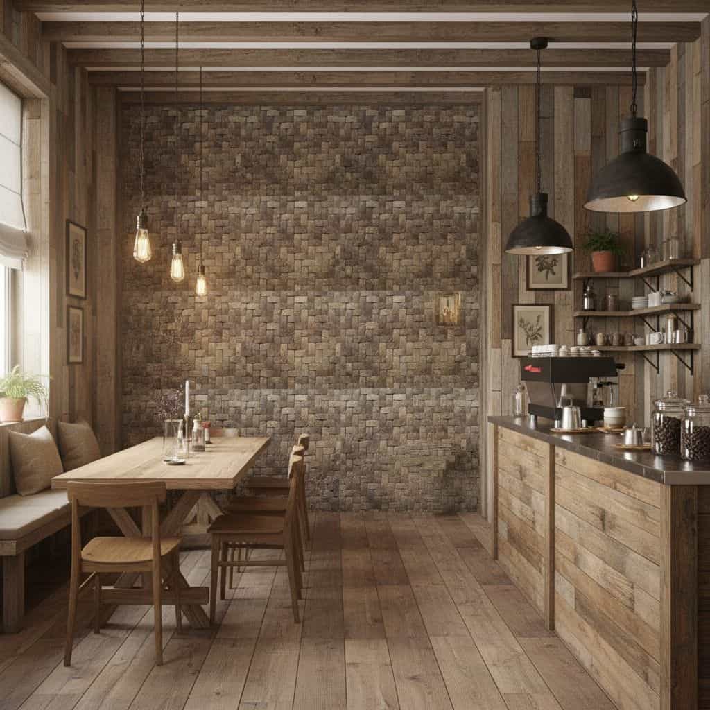 Warm-toned stone tile wall with textured surface and natural wood cabinetry.