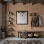 A wall with peach-colored ceramic tiles, textured surface, in a modern entryway with wooden accents and decorative accessorie.