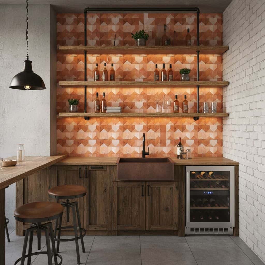 Geometric tile backsplash in warm terracotta tones, textured surface, with wooden shelves and bar stools.