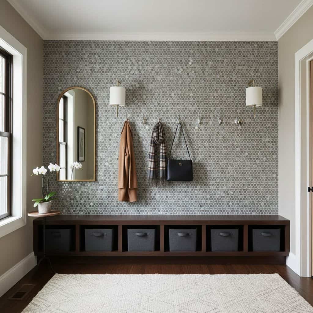 Gray hexagon tile wall with textured surface, contemporary style, in a home entryway.