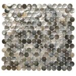 Gray and beige pearl shell mosaic tile with a glossy, textured surface.