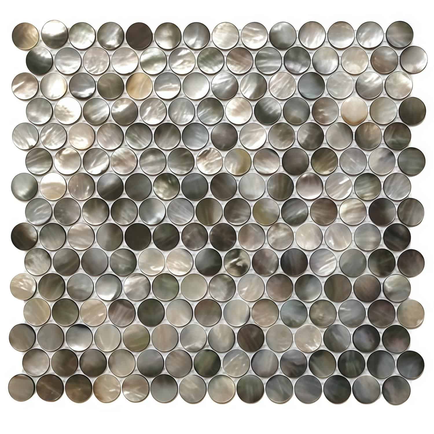 Gray and beige pearl shell mosaic tile with a glossy, textured surface.