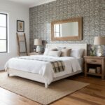 Neutral-colored textured wall tile with a subtle pattern, enhancing the bedroom's cozy and elegant ambiance.