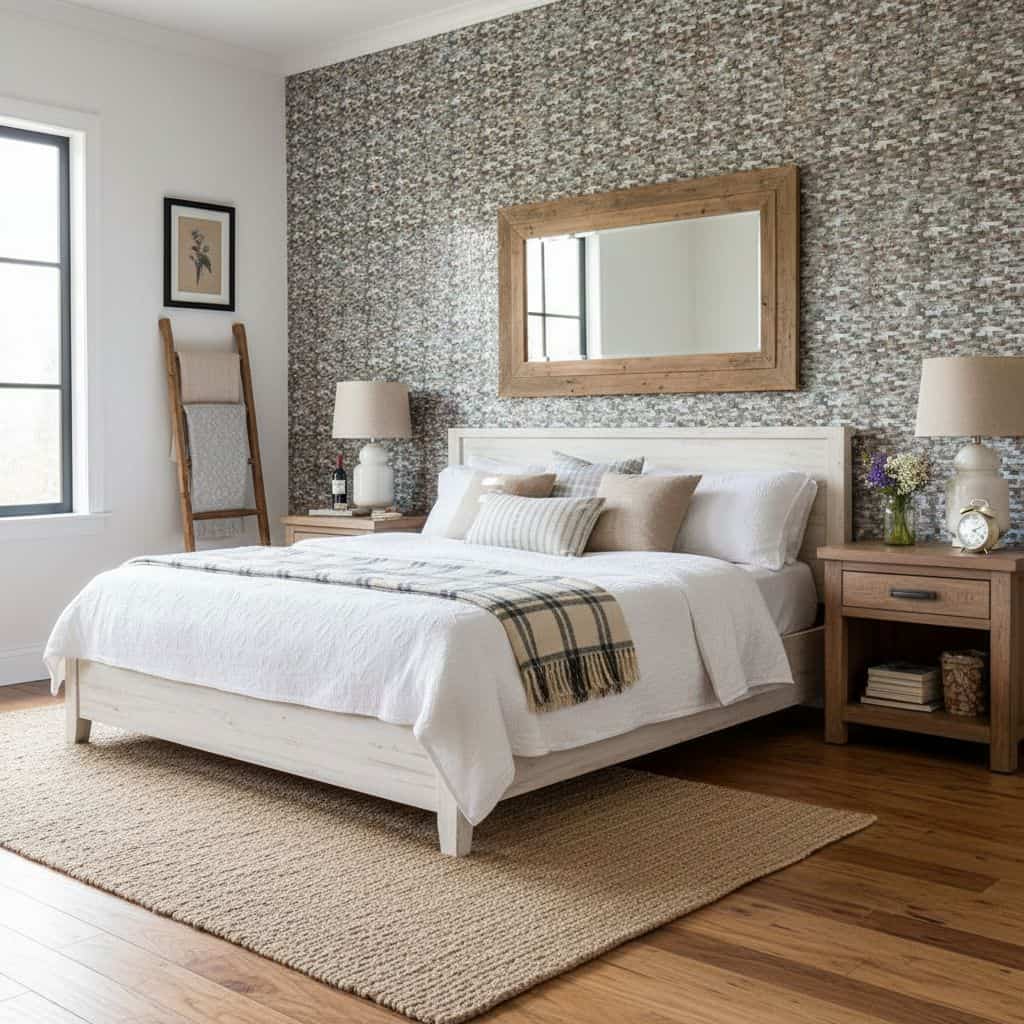 Neutral-colored textured wall tile with a subtle pattern, enhancing the bedroom's cozy and elegant ambiance.