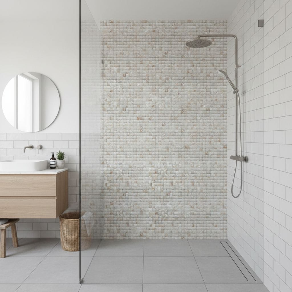 Beige mosaic tiles with textured surface in a modern shower area.