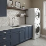 Blue ceramic tile backsplash with textured surface behind sink.