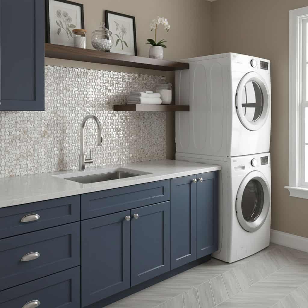 Blue ceramic tile backsplash with textured surface behind sink.