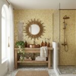 Bright yellow hexagon tiles with a matte finish adorn the bathroom walls, creating a cheerful and modern look.
