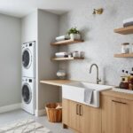 Bright laundry room with wooden shelves and cabinets, white farmhouse sink, and neutral wall textures.