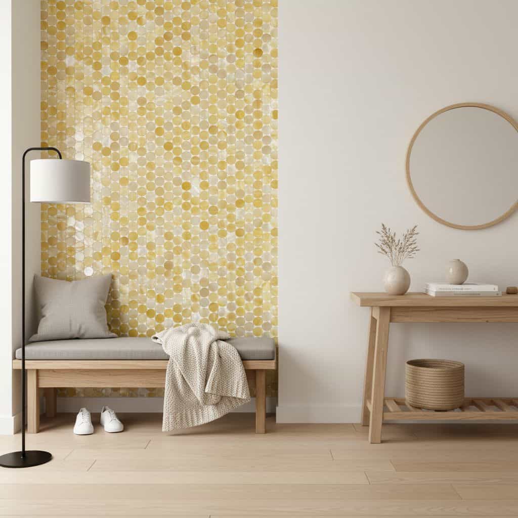 Golden mosaic tile wall with textured, shiny surface in a minimalist room setting.