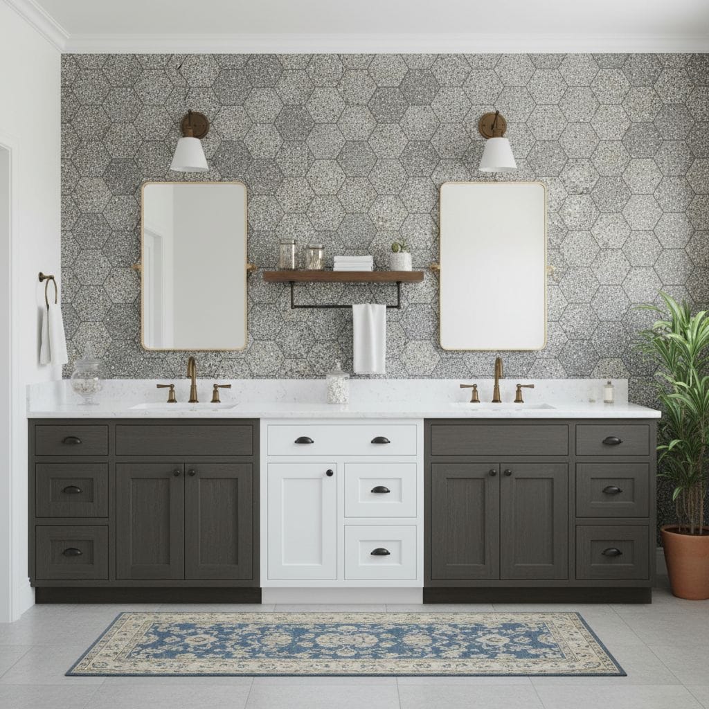 Gray hexagon textured tile wall with white and dark gray double vanity and gold fixtures.