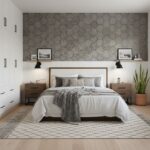Gray hexagon textured wall tile in a modern bedroom setting.