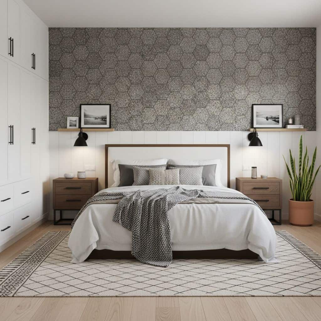 Gray hexagon textured wall tile in a modern bedroom setting.