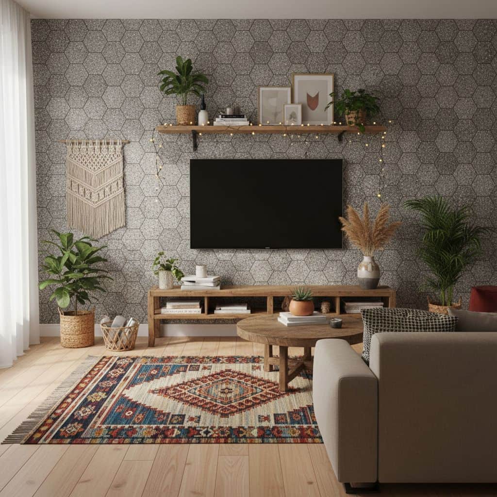 A textured gray hexagon tile wall with a matte finish, creating a contemporary and stylish backdrop in the living room.