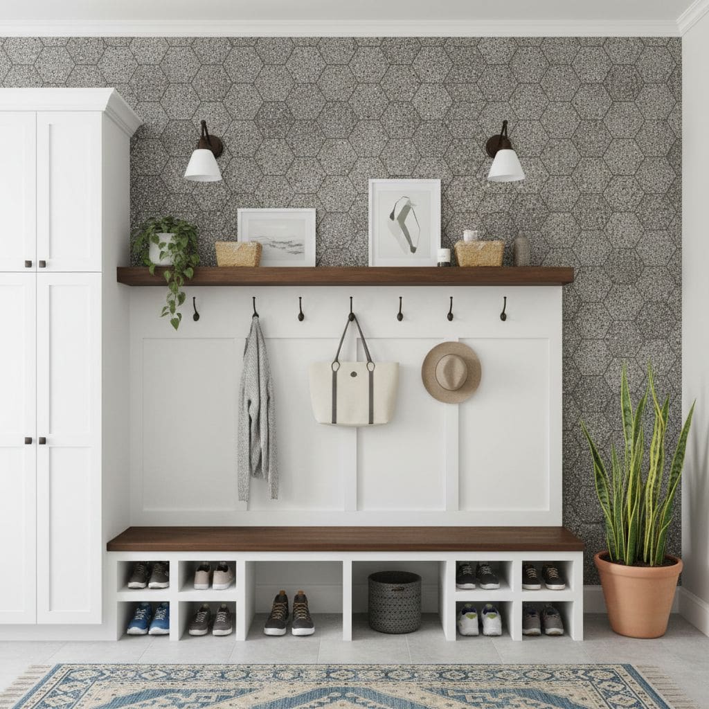 Hexagon patterned wall tiles in gray with a matte finish, creating a modern and textured look.