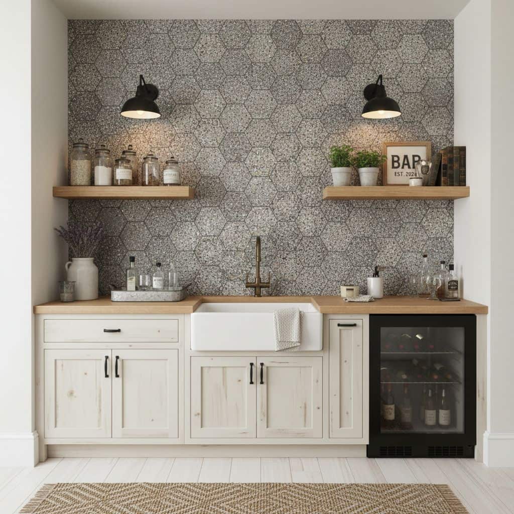 Hexagon gray textured wall tile with matte finish, perfect for kitchen backsplash or accent wall.