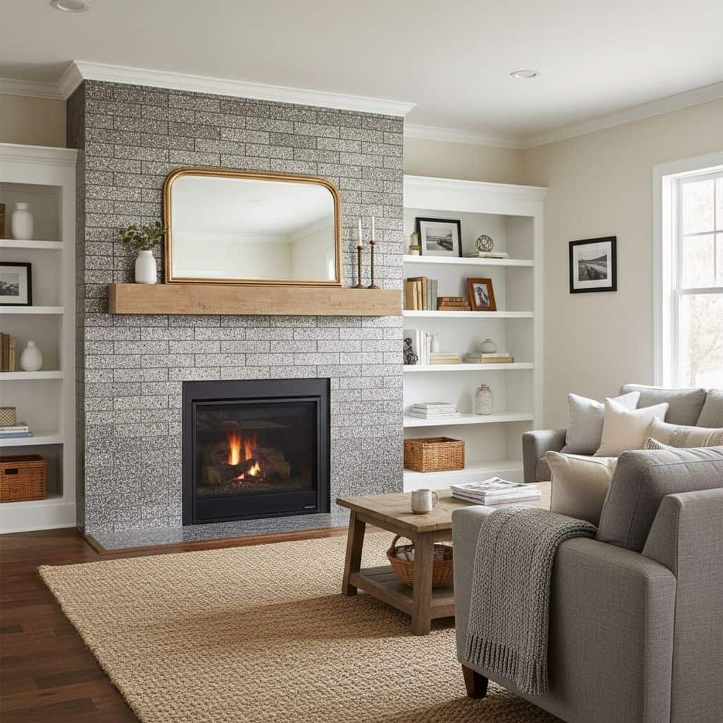Gray brick tile with textured surface around fireplace.