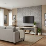 Gray textured brick tile wall behind TV.