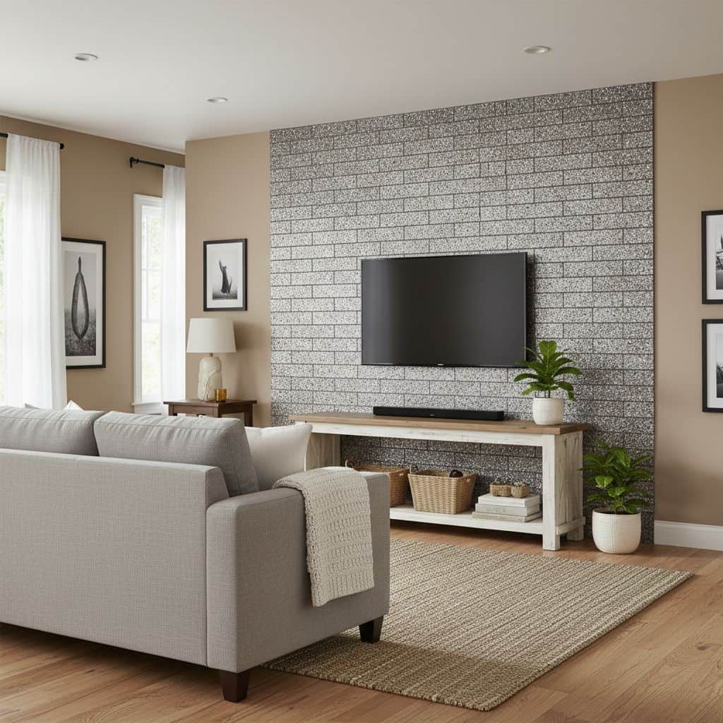 Gray textured brick tile wall behind TV.