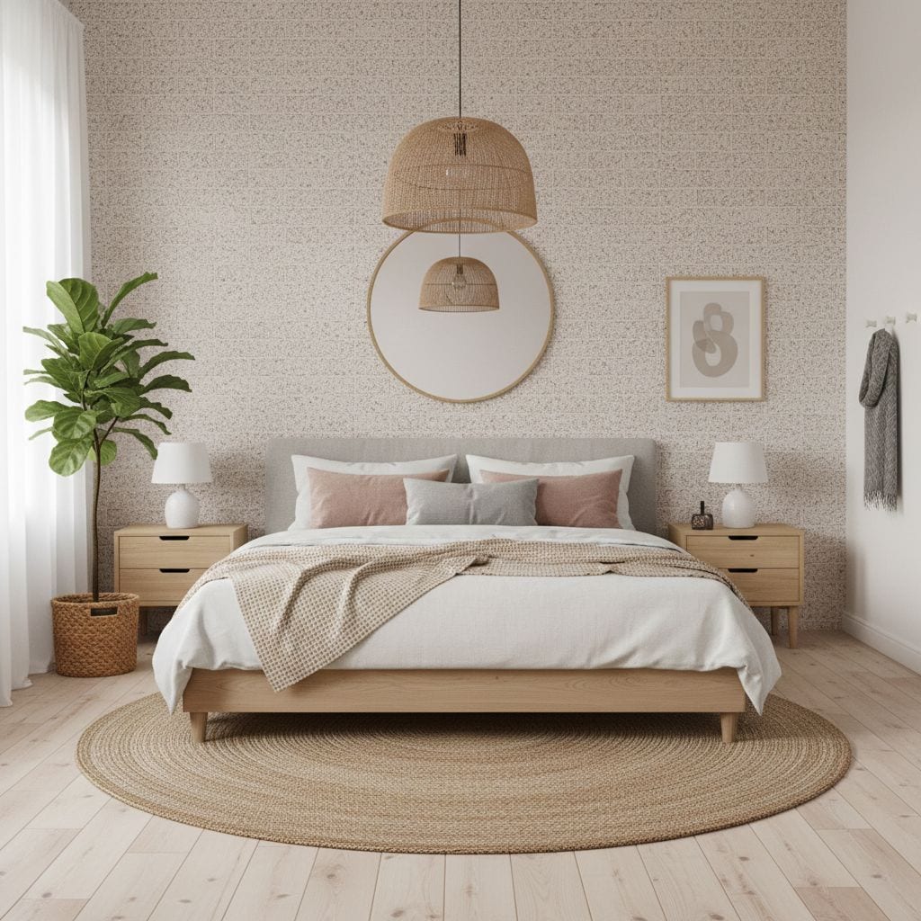 Soft beige and white bedding with matching pillows, wooden nightstands, and woven accents.