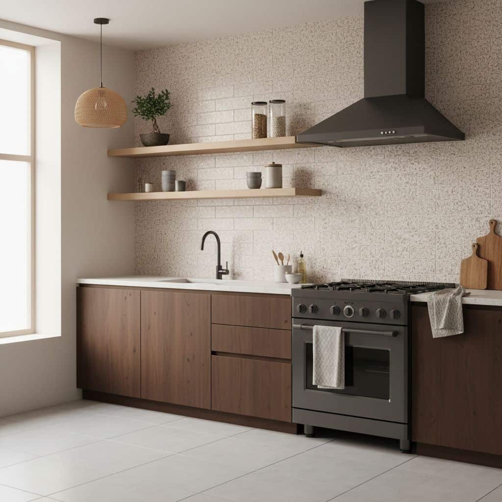 Neutral beige textured wall tile with a subtle pattern, perfect for contemporary kitchen decor. Adds warmth and elegance to t.