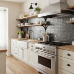 Bright kitchen featuring white cabinetry, black hexagon tiles, and wooden open shelves.
