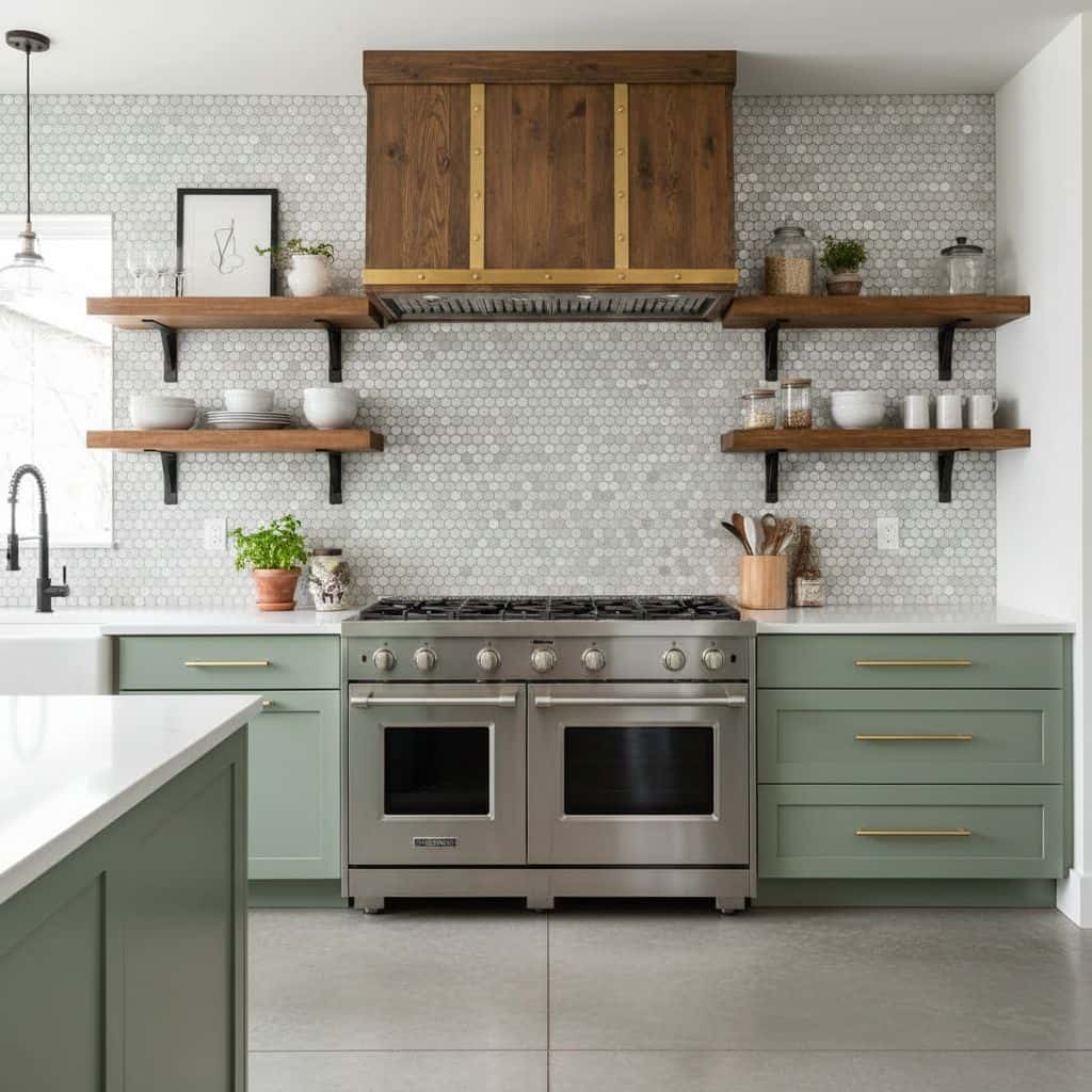 Hexagonal white and gray kitchen tiles with a textured surface, complementing the modern kitchen decor.
