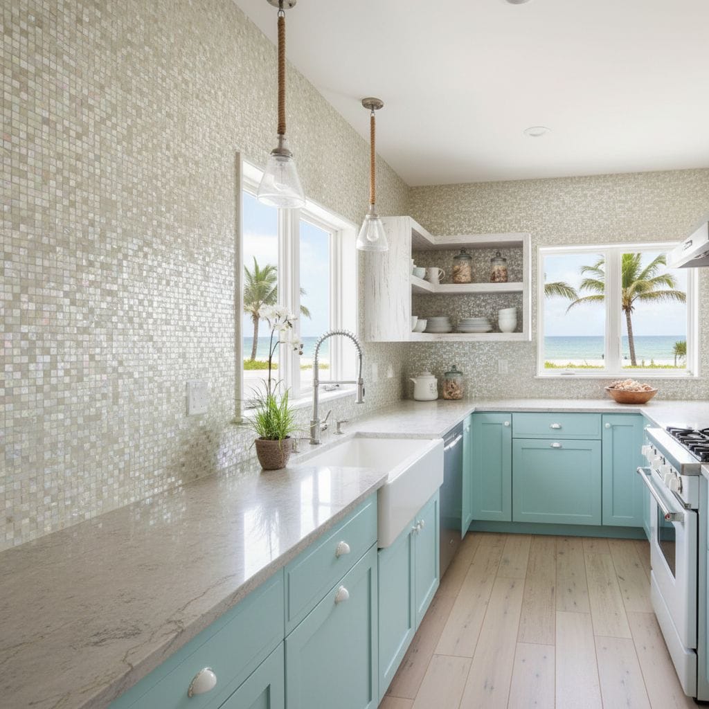 Bright mosaic tile backsplash in neutral tones with a textured surface.
