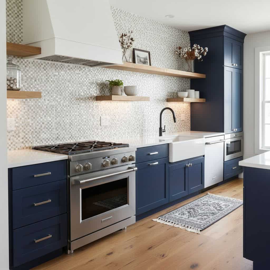Bright blue cabinets with white countertop and mosaic tile backsplash.