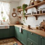 Green wood kitchen cabinets with natural finish.