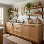 Wooden kitchen cabinets with open shelves, natural wood finish, and decorative pottery.