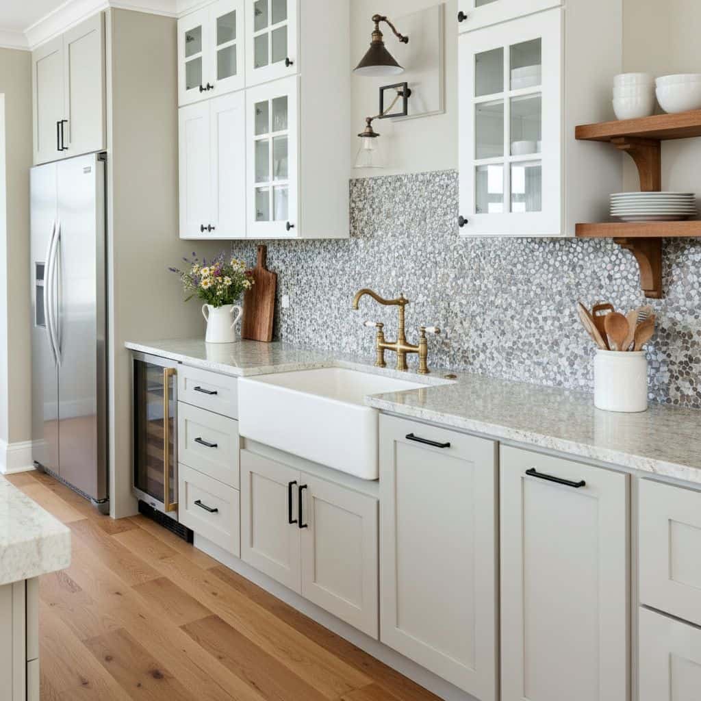 Bright white kitchen cabinetry with glass-paneled doors and a textured mosaic tile backsplash in shades of gray and white.