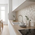Beige textured stone kitchen backsplash tile with a natural, rough surface and modern aesthetic.