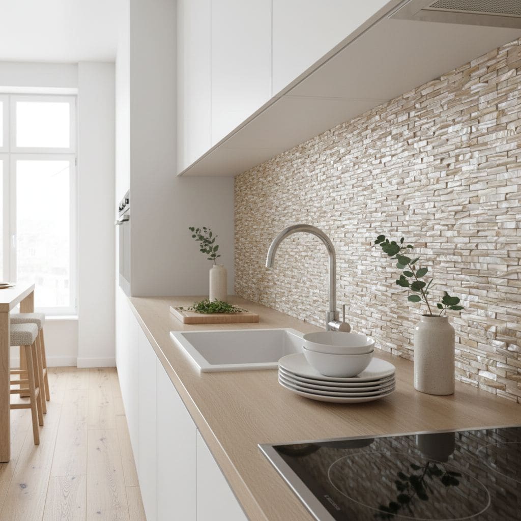 Beige textured stone kitchen backsplash tile with a natural, rough surface and modern aesthetic.