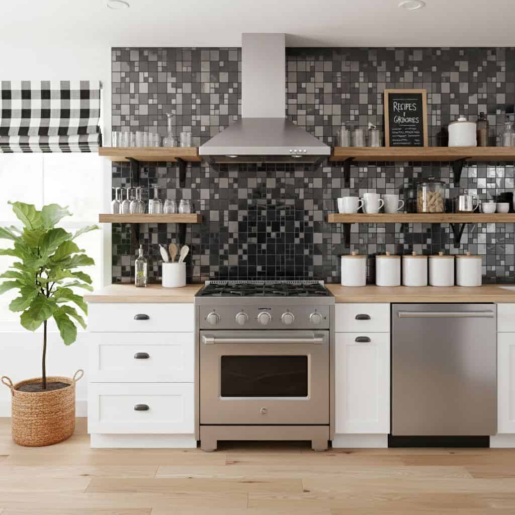 Gray and black mosaic tile with textured surface, complementing modern kitchen decor.