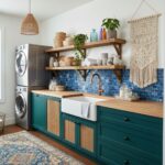 Bright blue ceramic tile backsplash with textured surface.