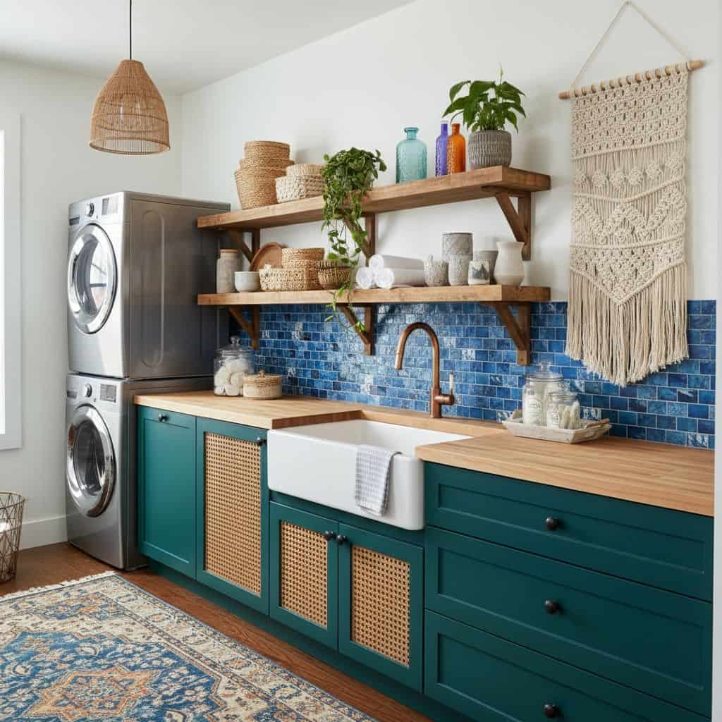 Bright blue ceramic tile backsplash with textured surface.